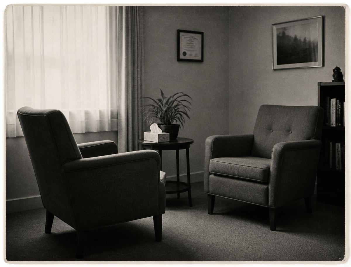 Duas poltronas em um consultório silencioso, fotografia em preto e branco
